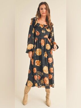 &Merci Black Floral Jacquard Chiffon Midi Dress Balloon Sleeve Romantic Boho LRG